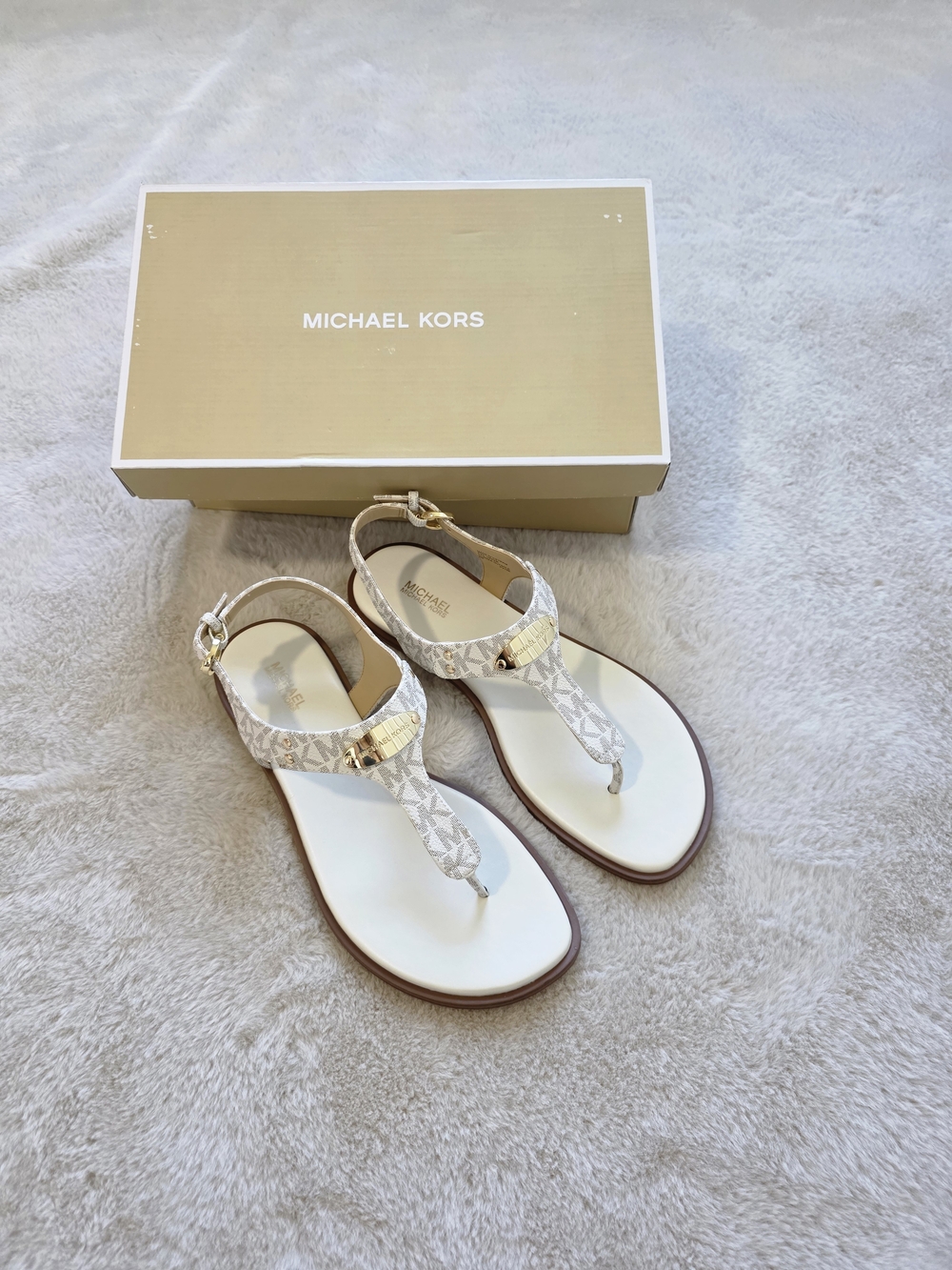Michael Kors Cream/White Logo Thong Sandals with Gold Hardware